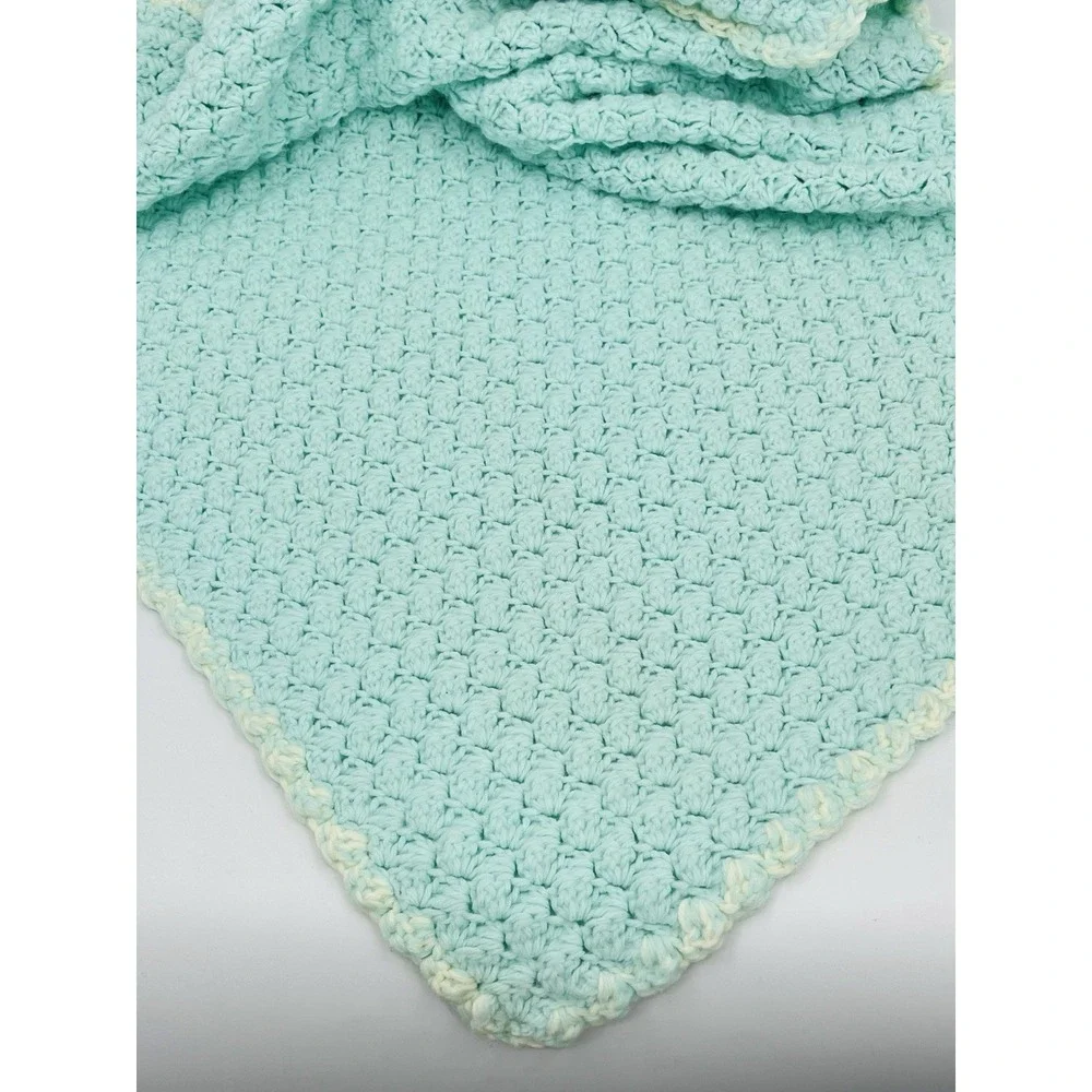 Vintage Hand Knit Crochet Hooded Baby Blanket Sea Green 25